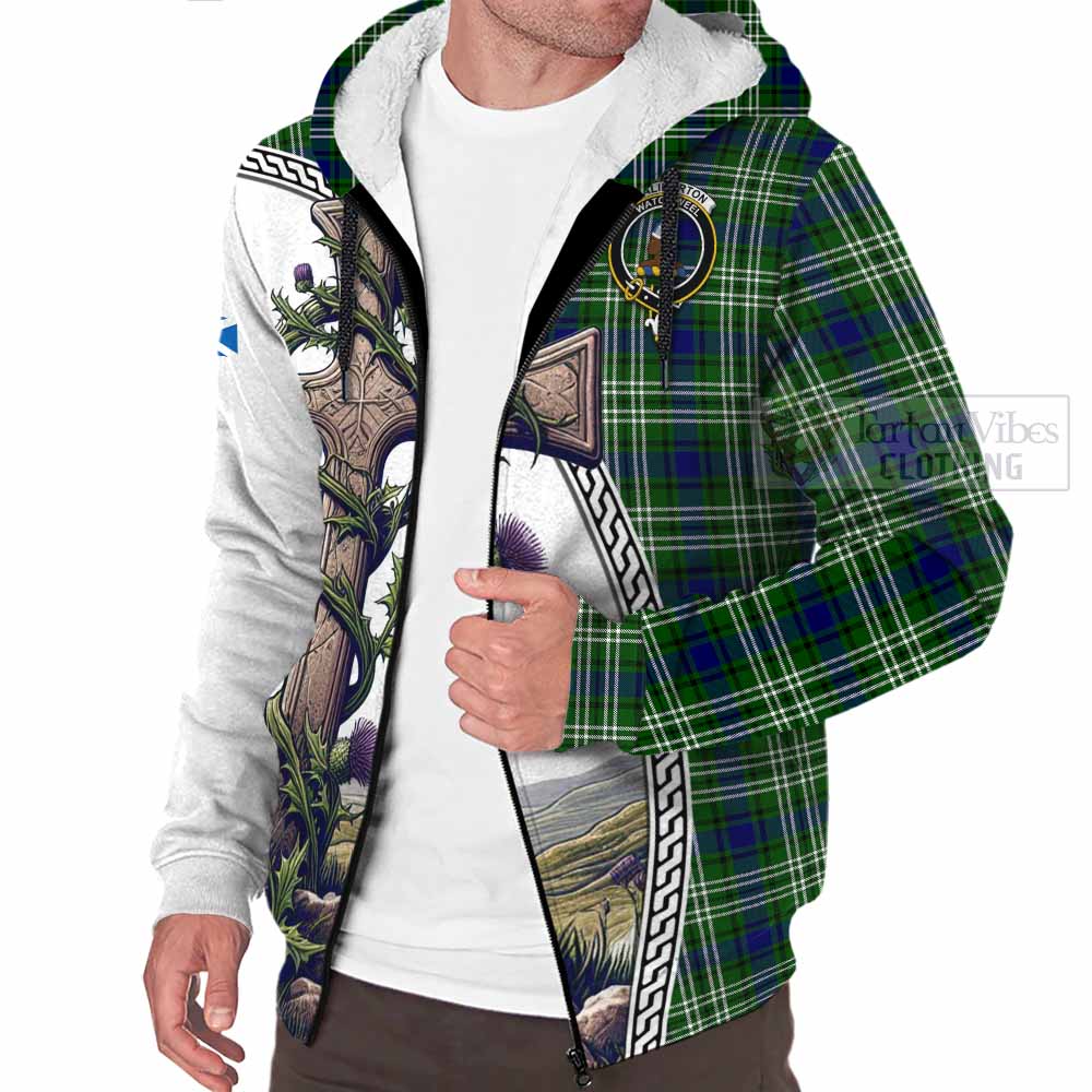 Tartan Vibes Clothing Haliburton Tartan Sherpa Hoodie with Family Crest and St. Andrew's Cross Accented by Thistle Vines