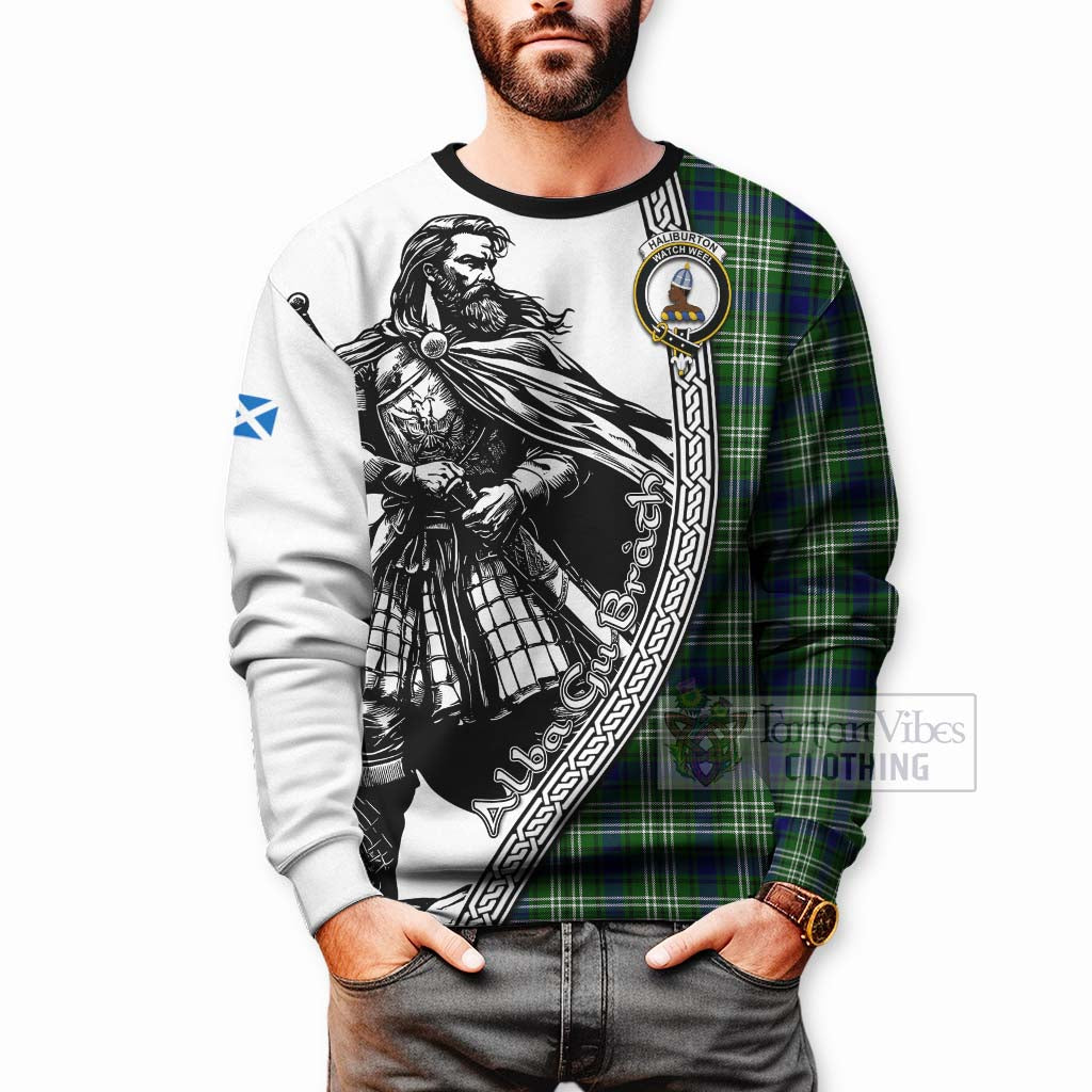 Tartan Vibes Clothing Haliburton Tartan Clan Crest Sweatshirt with Highlander Warrior Celtic Style