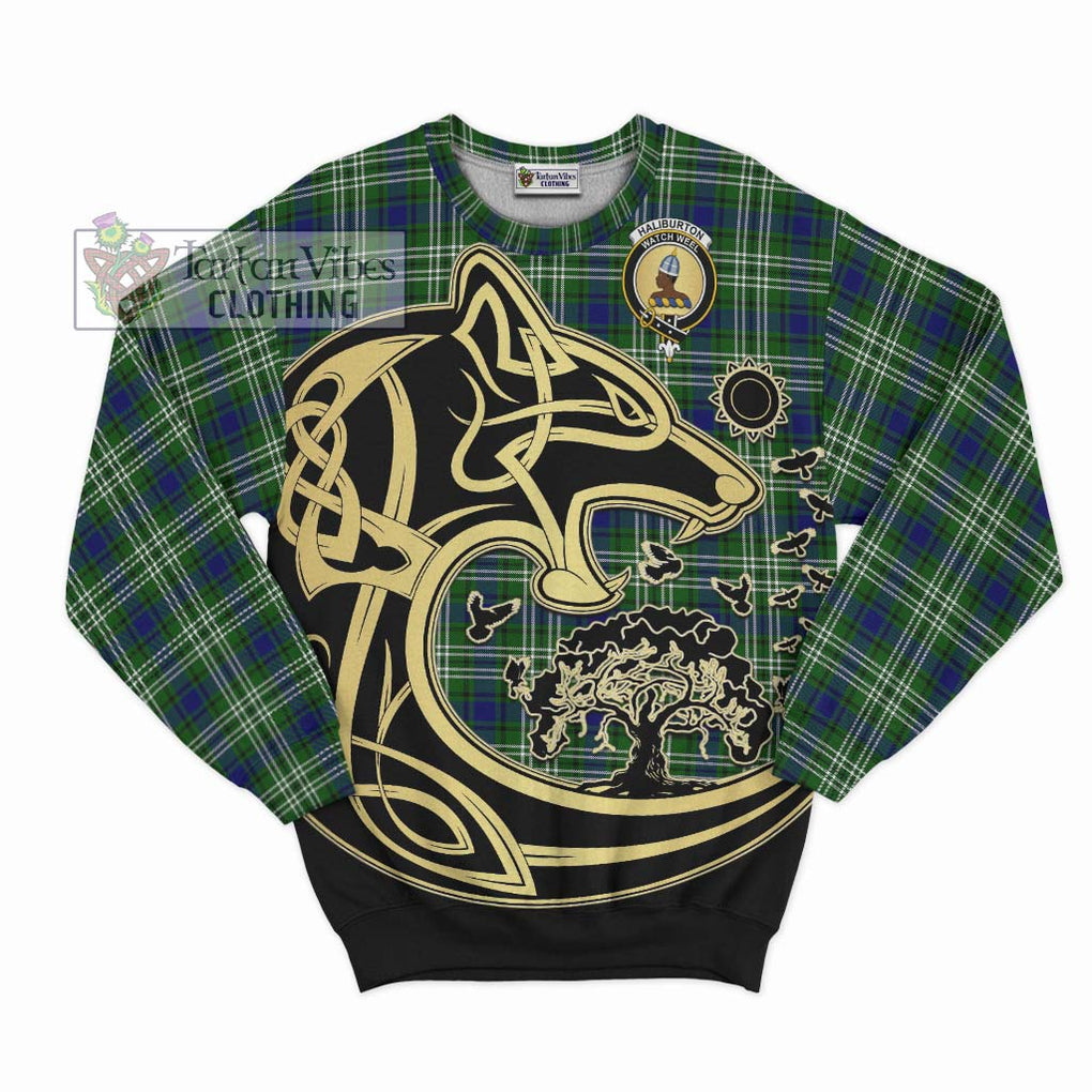 Haliburton Tartan Sweatshirt with Family Crest Celtic Wolf Style - Tartan Vibes Clothing