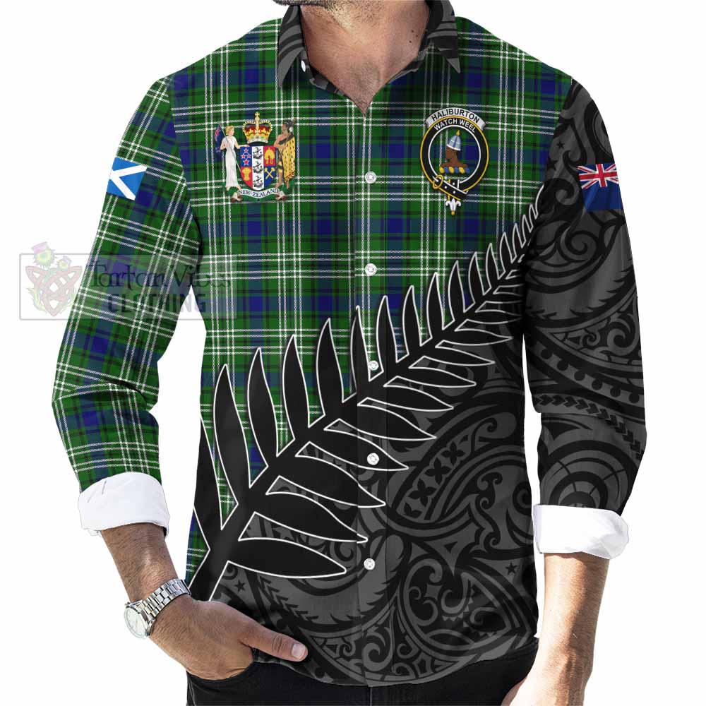 Tartan Vibes Clothing Haliburton Crest Tartan Long Sleeve Button Shirt with New Zealand Silver Fern Half Style