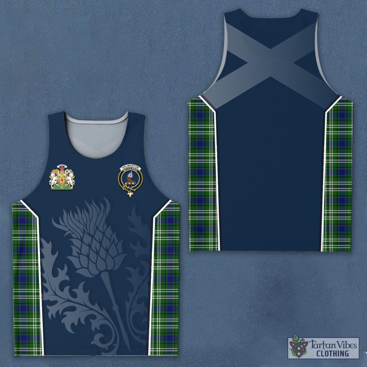 Tartan Vibes Clothing Haliburton Tartan Men's Tanks Top with Family Crest and Scottish Thistle Vibes Sport Style