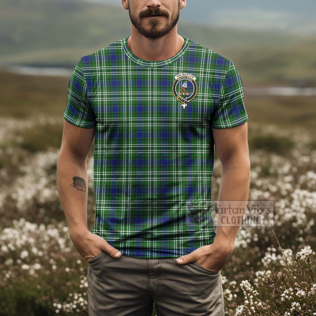 Tartan Vibes Clothing Haliburton Tartan T-Shirt with Family Crest and Bearded Skull Holding Bottles of Whiskey