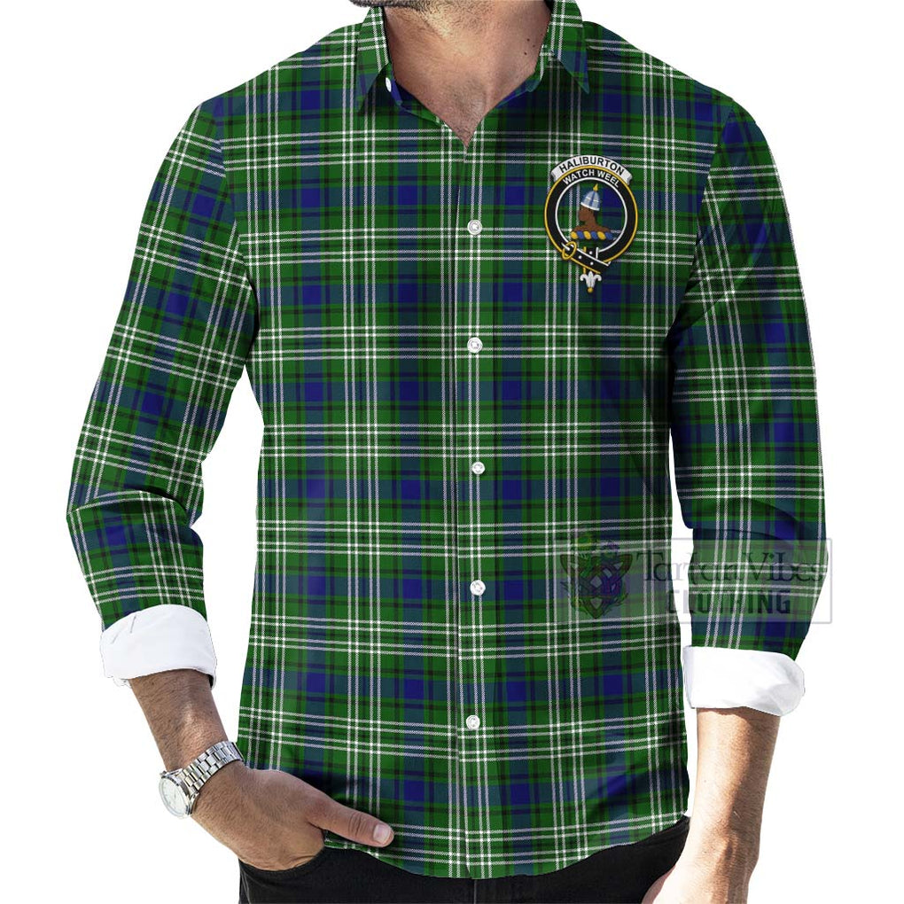 Tartan Vibes Clothing Haliburton Tartan Long Sleeve Button Shirt with Family Crest and Bearded Skull Holding Bottles of Whiskey