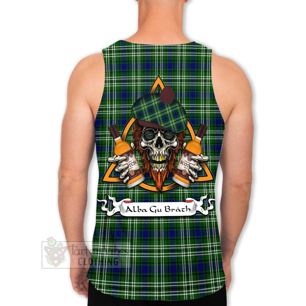 Tartan Vibes Clothing Haliburton Tartan Men's Tank Top with Family Crest and Bearded Skull Holding Bottles of Whiskey