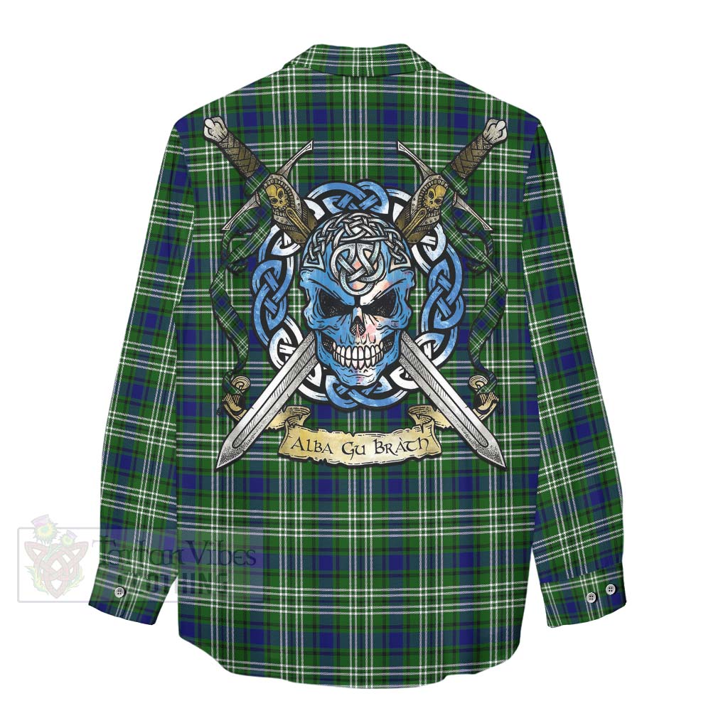 Tartan Vibes Clothing Haliburton Tartan Women's Casual Shirt with Family Crest Celtic Skull Style