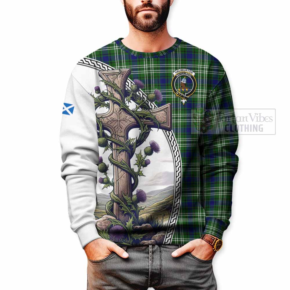 Tartan Vibes Clothing Haliburton Tartan Sweatshirt with Family Crest and St. Andrew's Cross Accented by Thistle Vines