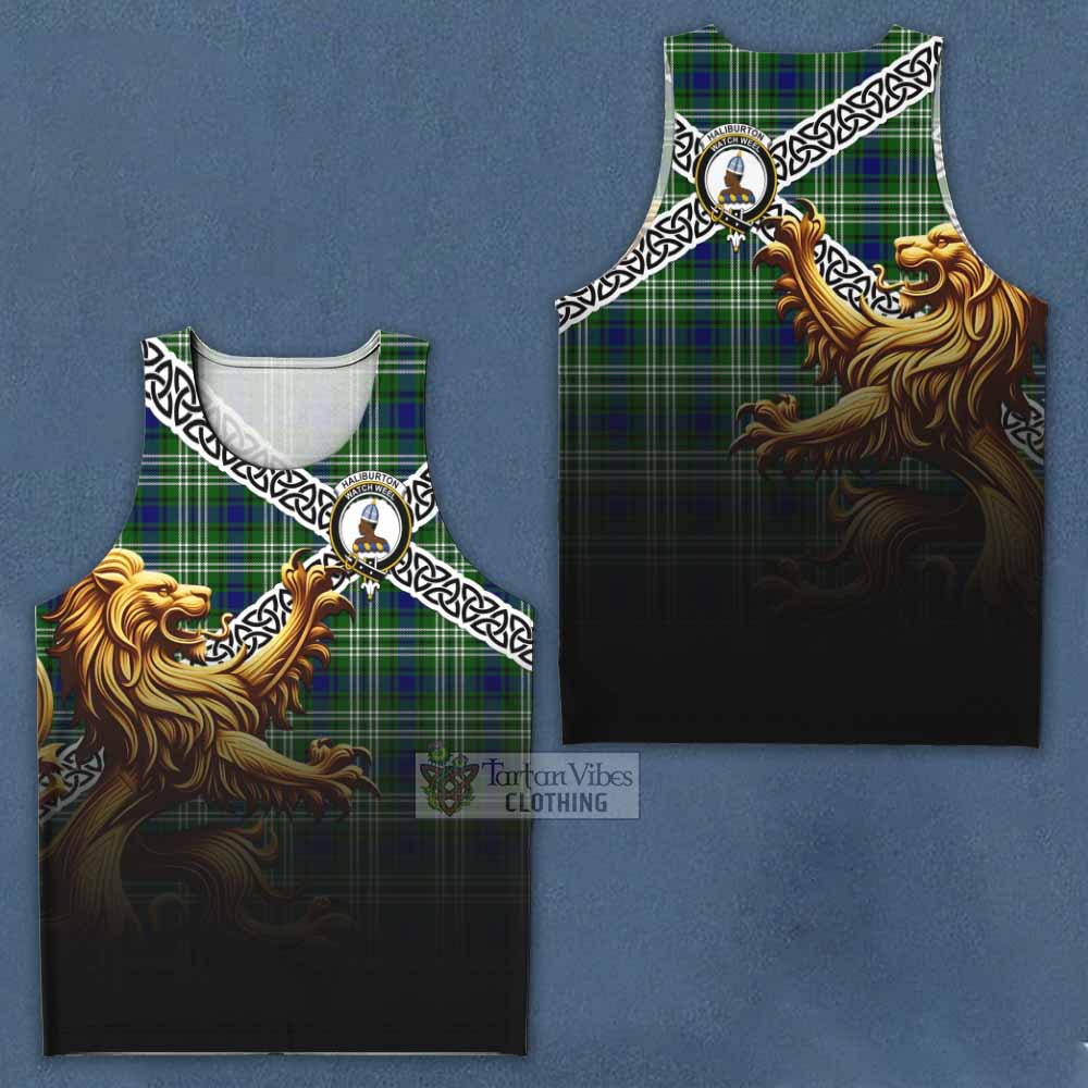 Haliburton Crest Tartan Men's Tank Top with Golden Lion Emblem Celtic Style - Tartan Vibes Clothing