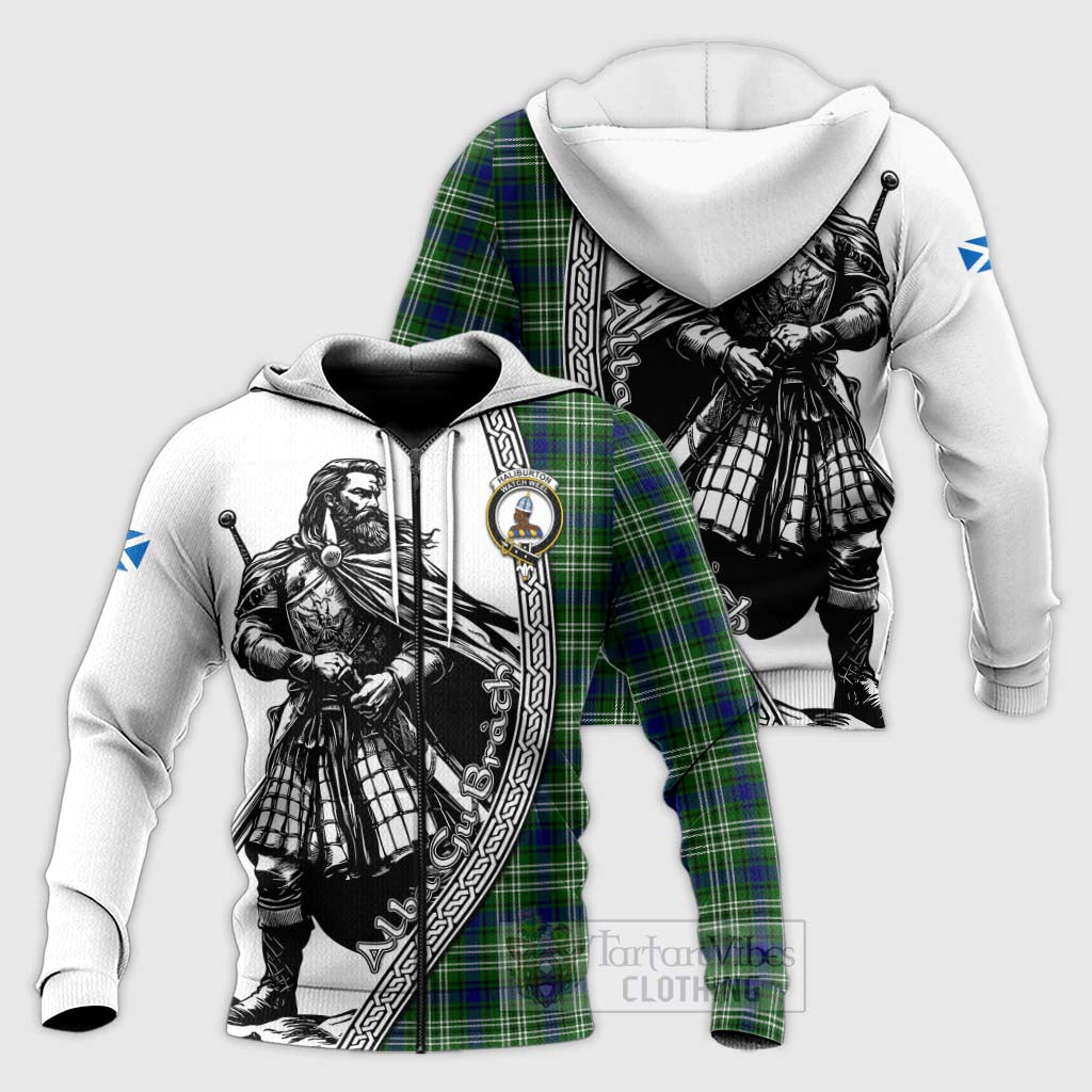 Tartan Vibes Clothing Haliburton Tartan Clan Crest Knitted Hoodie with Highlander Warrior Celtic Style