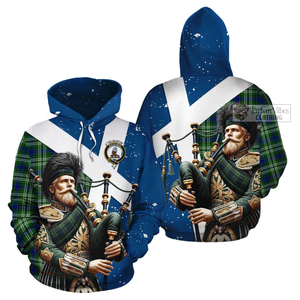 Tartan Vibes Clothing Haliburton Tartan Cotton Hoodie with Family Crest Scottish Bagpiper Vibes