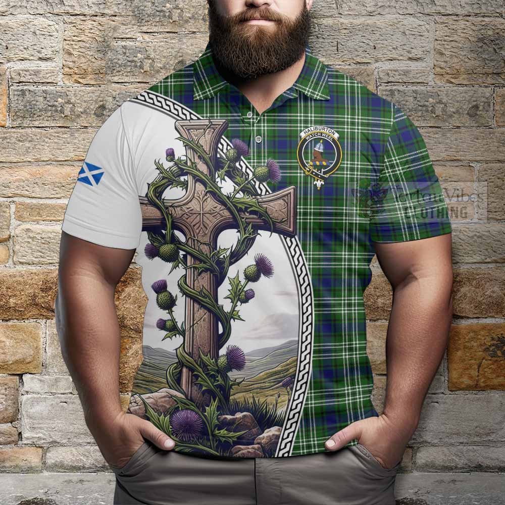 Tartan Vibes Clothing Haliburton Tartan Polo Shirt with Family Crest and St. Andrew's Cross Accented by Thistle Vines