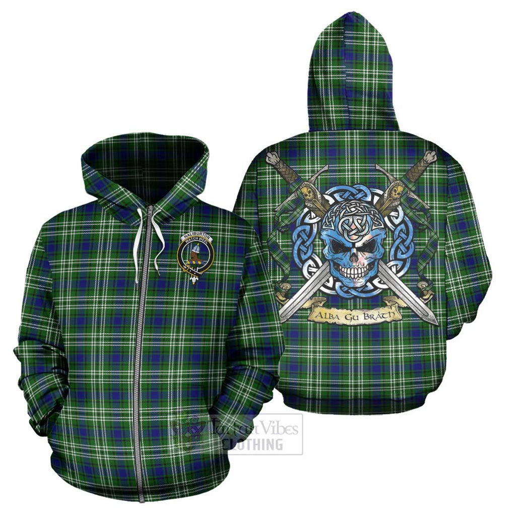 Tartan Vibes Clothing Haliburton Tartan Hoodie with Family Crest Celtic Skull Style