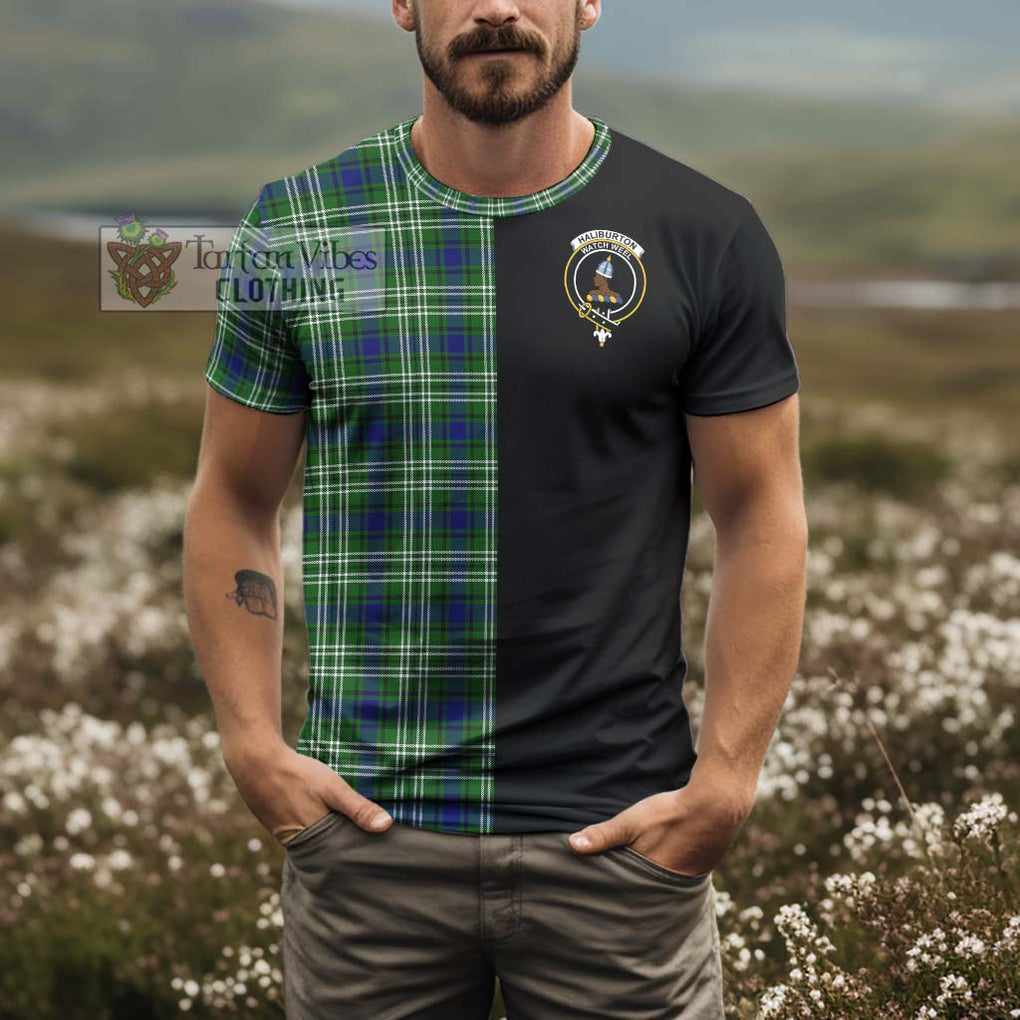 Haliburton Tartan T-Shirt with Family Crest and Half Of Me Style - Tartanvibesclothing Shop