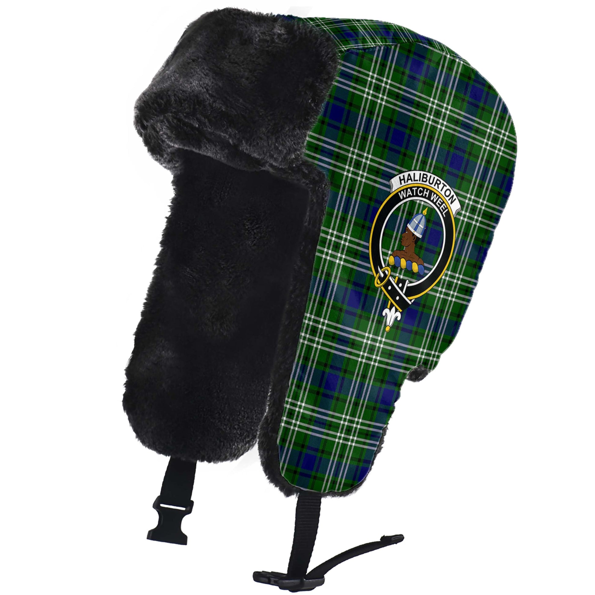 Haliburton Tartan Winter Trapper Hat with Family Crest - Tartanvibesclothing