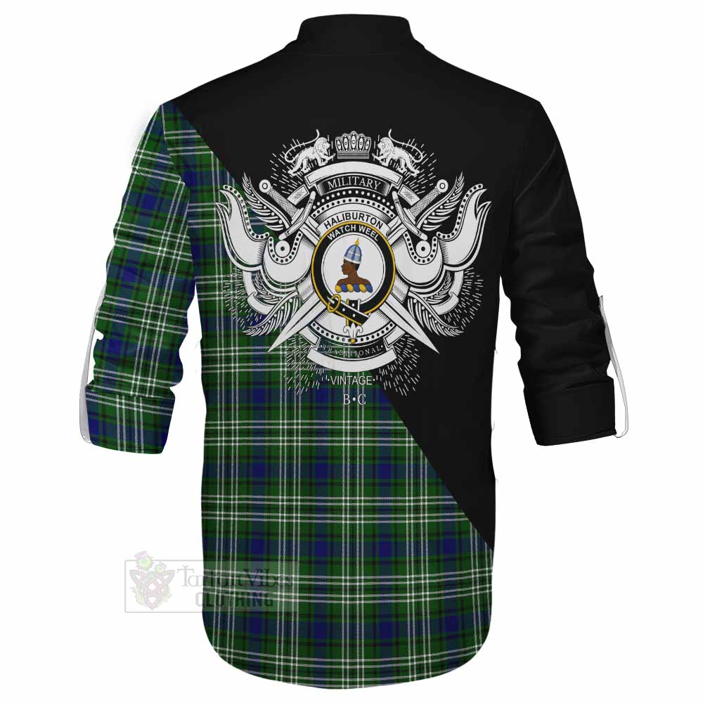 Tartan Vibes Clothing Haliburton Tartan Ghillie Kilt Shirt with Family Crest and Military Logo Style