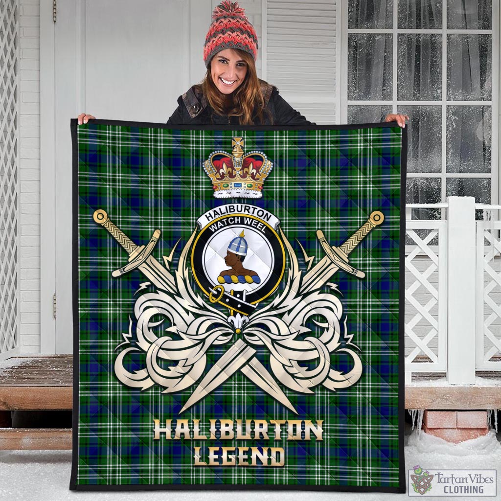 Tartan Vibes Clothing Haliburton Tartan Quilt with Clan Crest and the Golden Sword of Courageous Legacy