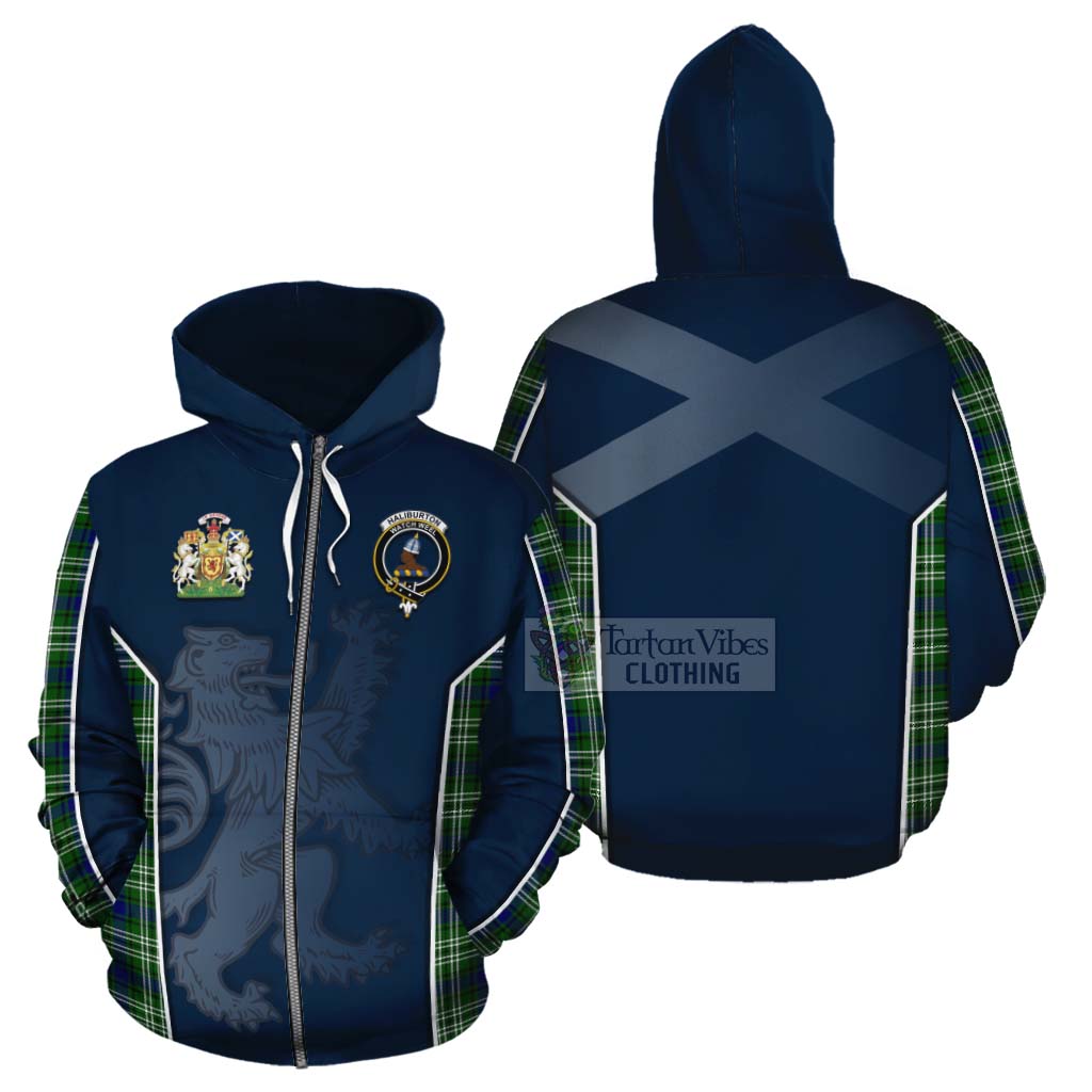 Tartan Vibes Clothing Haliburton Tartan Cotton Hoodie with Family Crest and Lion Rampant Vibes Sport Style