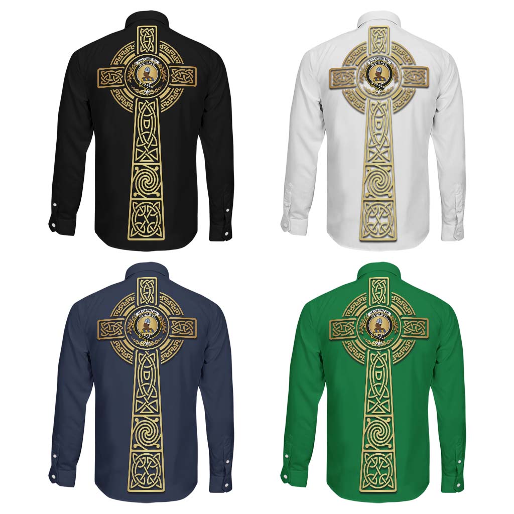 Haliburton Clan Mens Long Sleeve Button Up Shirt with Golden Celtic Tree Of Life - Tartanvibesclothing