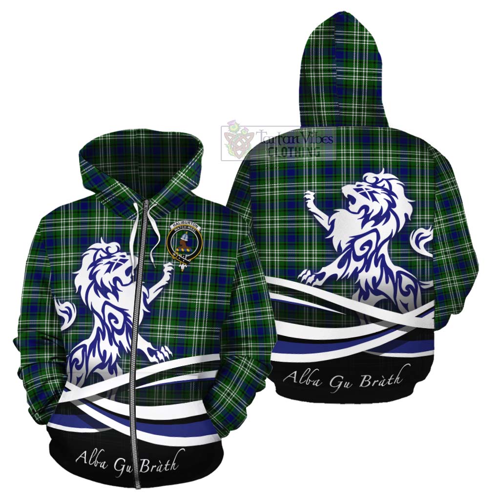 Tartan Vibes Clothing Haliburton Tartan Cotton Hoodie with Alba Gu Brath Regal Lion Emblem