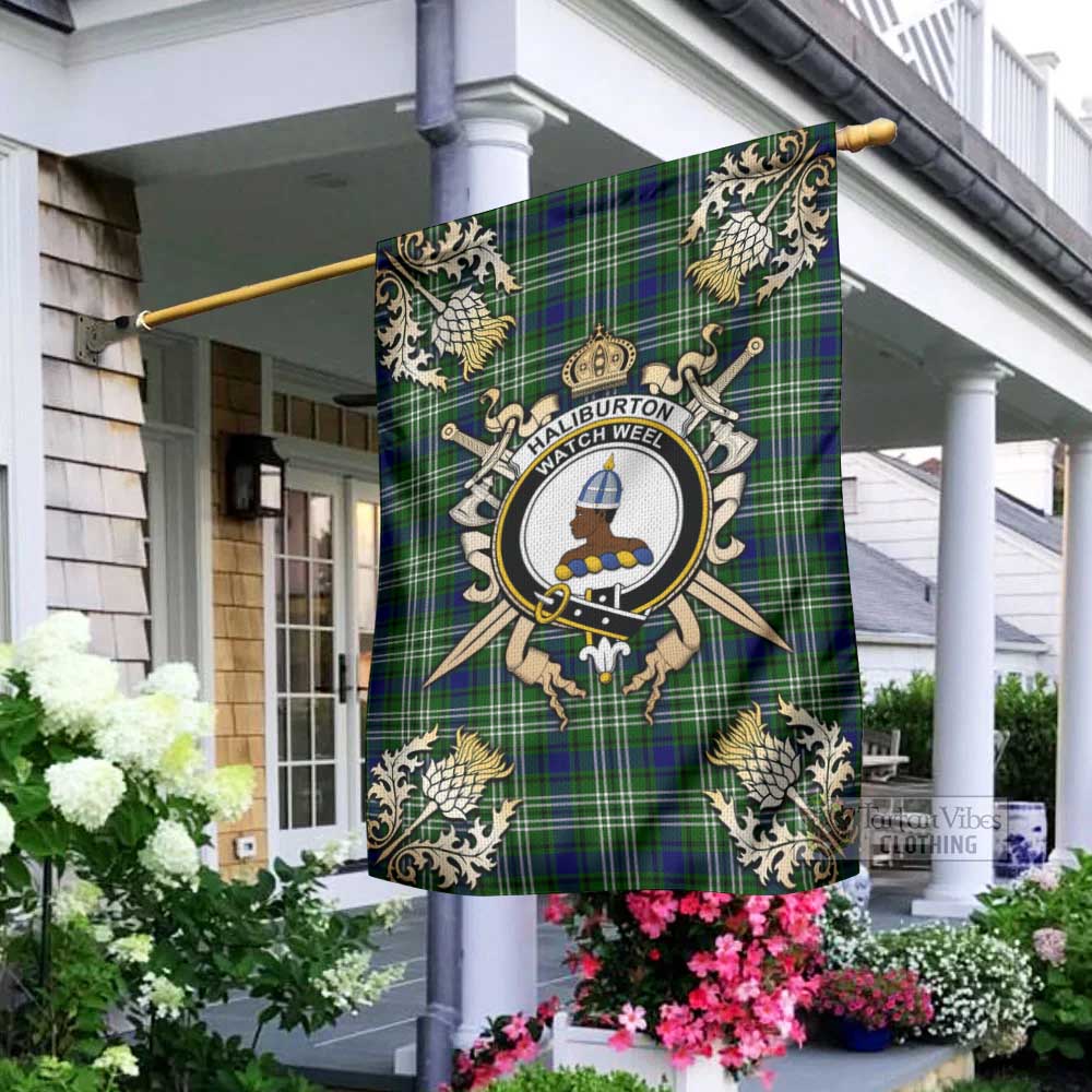 Tartan Vibes Clothing Haliburton Tartan Flag with Family Crest and Golden Thistle Crossed Sword Design