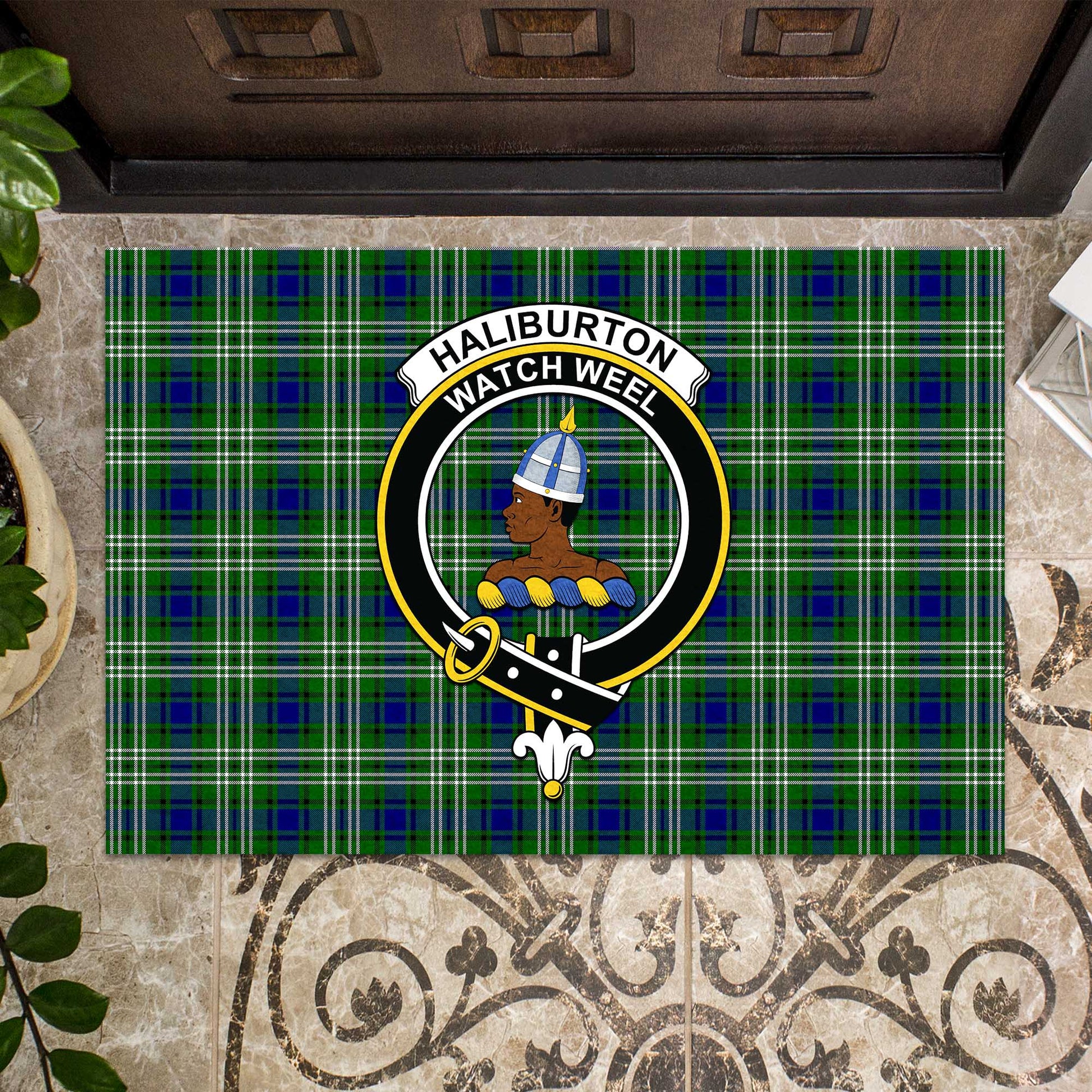 Haliburton Tartan Door Mat with Family Crest - Tartanvibesclothing