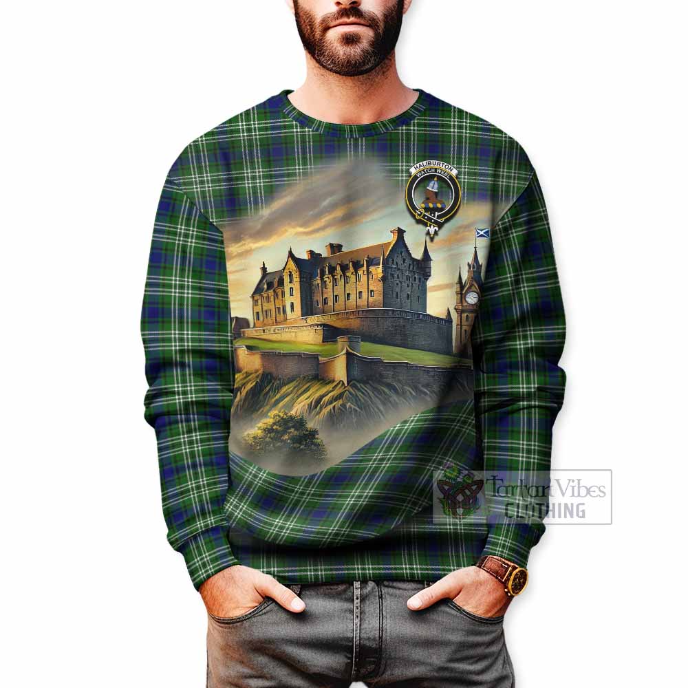 Haliburton Tartan Family Crest Sweatshirt with Scottish Ancient Castle Style - Tartan Vibes Clothing