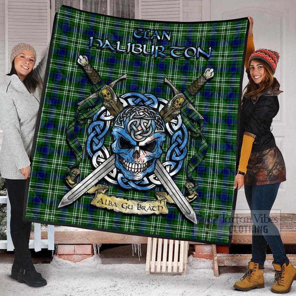 Tartan Vibes Clothing Haliburton Tartan Quilt with Celtic Skull Alba Gu Brath Style