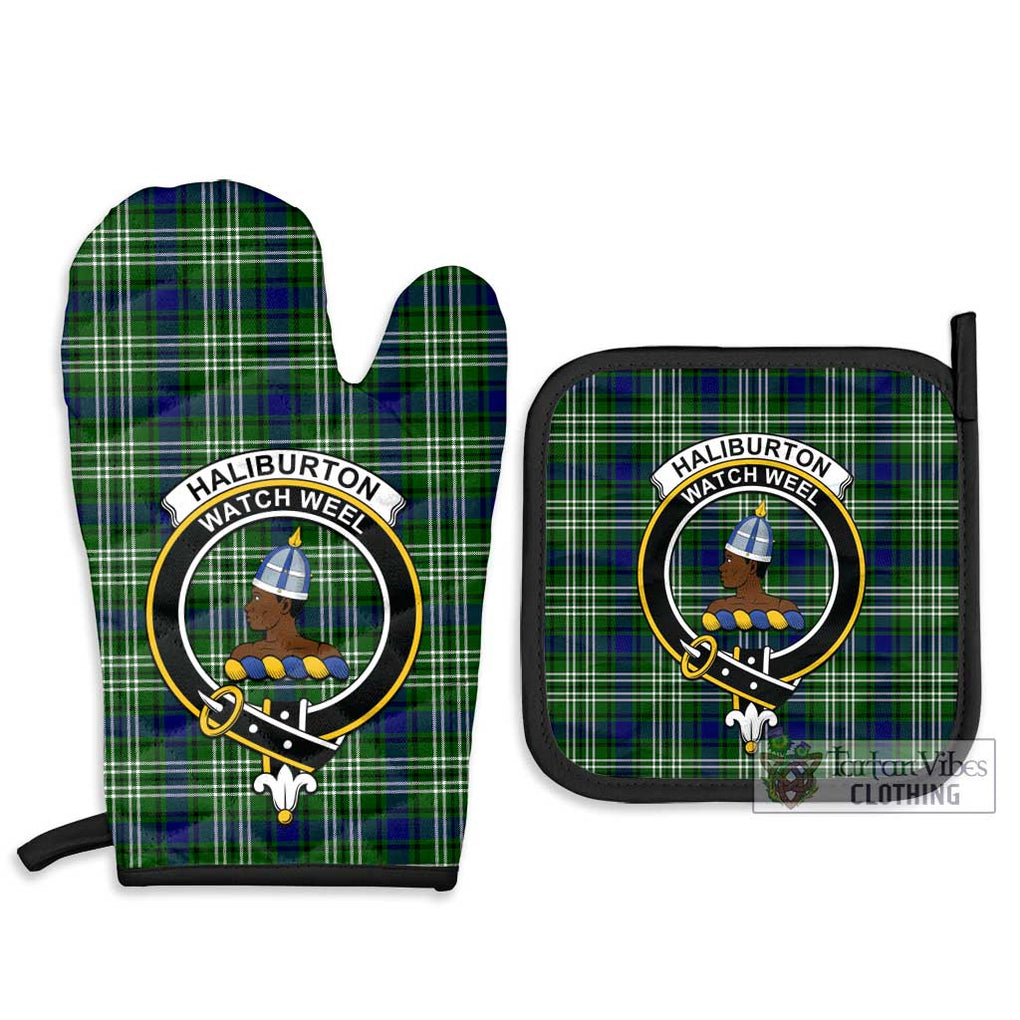 Haliburton Tartan Combo Oven Mitt & Pot-Holder with Family Crest Combo 1 Oven Mitt & 2 Pot-Holder Black - Tartan Vibes Clothing