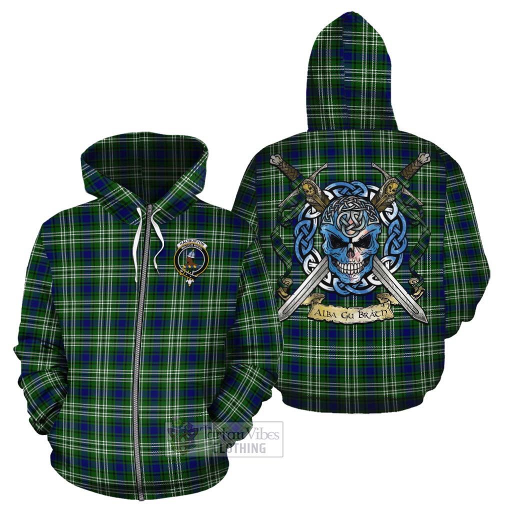 Tartan Vibes Clothing Haliburton Tartan Cotton Hoodie with Family Crest Celtic Skull Style