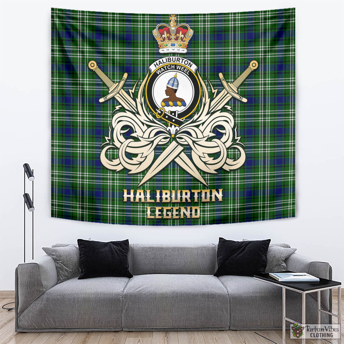 Tartan Vibes Clothing Haliburton Tartan Tapestry with Clan Crest and the Golden Sword of Courageous Legacy