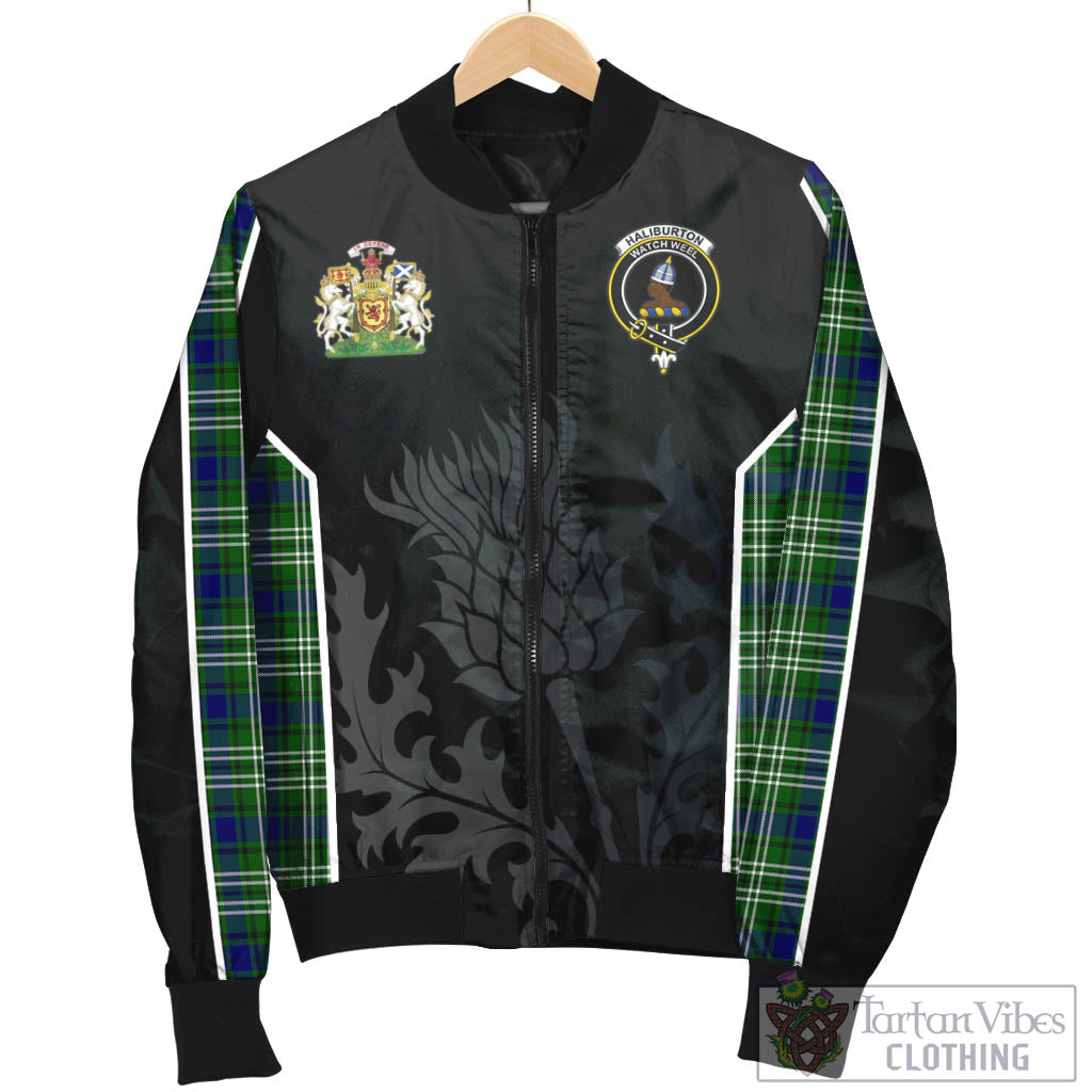 Tartan Vibes Clothing Haliburton Tartan Bomber Jacket with Family Crest and Scottish Thistle Vibes Sport Style