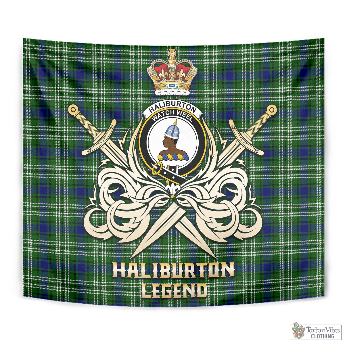 Tartan Vibes Clothing Haliburton Tartan Tapestry with Clan Crest and the Golden Sword of Courageous Legacy