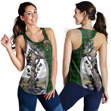Halkerston Tartan Women's Racerback Tanks with Family Crest and St. Andrew's Cross Accented by Thistle Vines 4XL - Tartan Vibes Clothing
