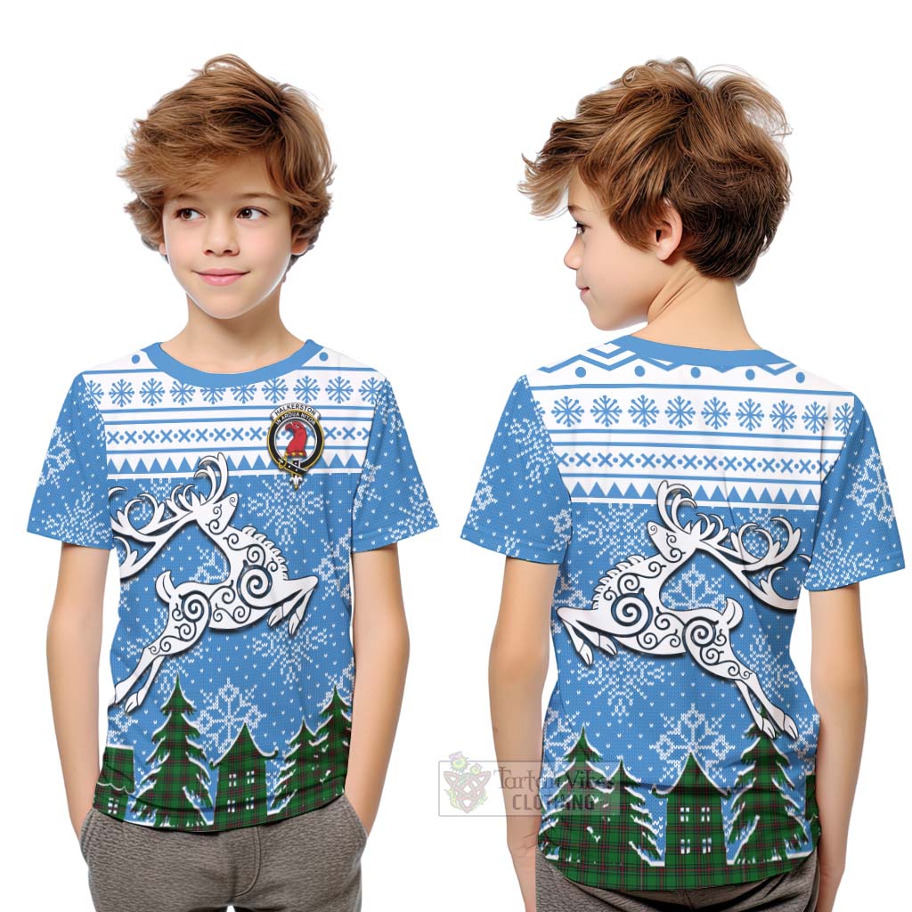 Tartan Vibes Clothing Halkerston Clan Christmas Kid T-Shirt Celtic Reindeer Style