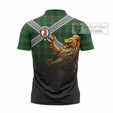 Halkerston Crest Tartan Zipper Polo Shirt with Golden Lion Emblem Celtic Style - Tartan Vibes Clothing