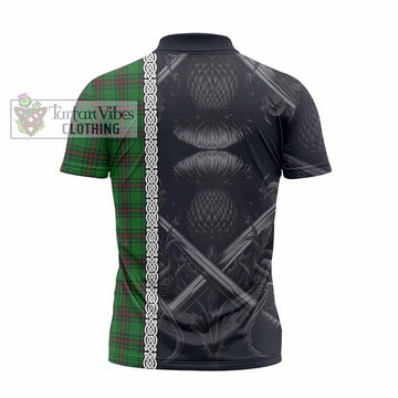 Halkerston Tartan Zipper Polo Shirt with Family Crest Cross Sword Thistle Celtic Vibes - Tartan Vibes Clothing