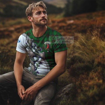 Halkerston Tartan T-Shirt with Family Crest and St. Andrew's Cross Accented by Thistle Vines - Tartan Vibes Clothing