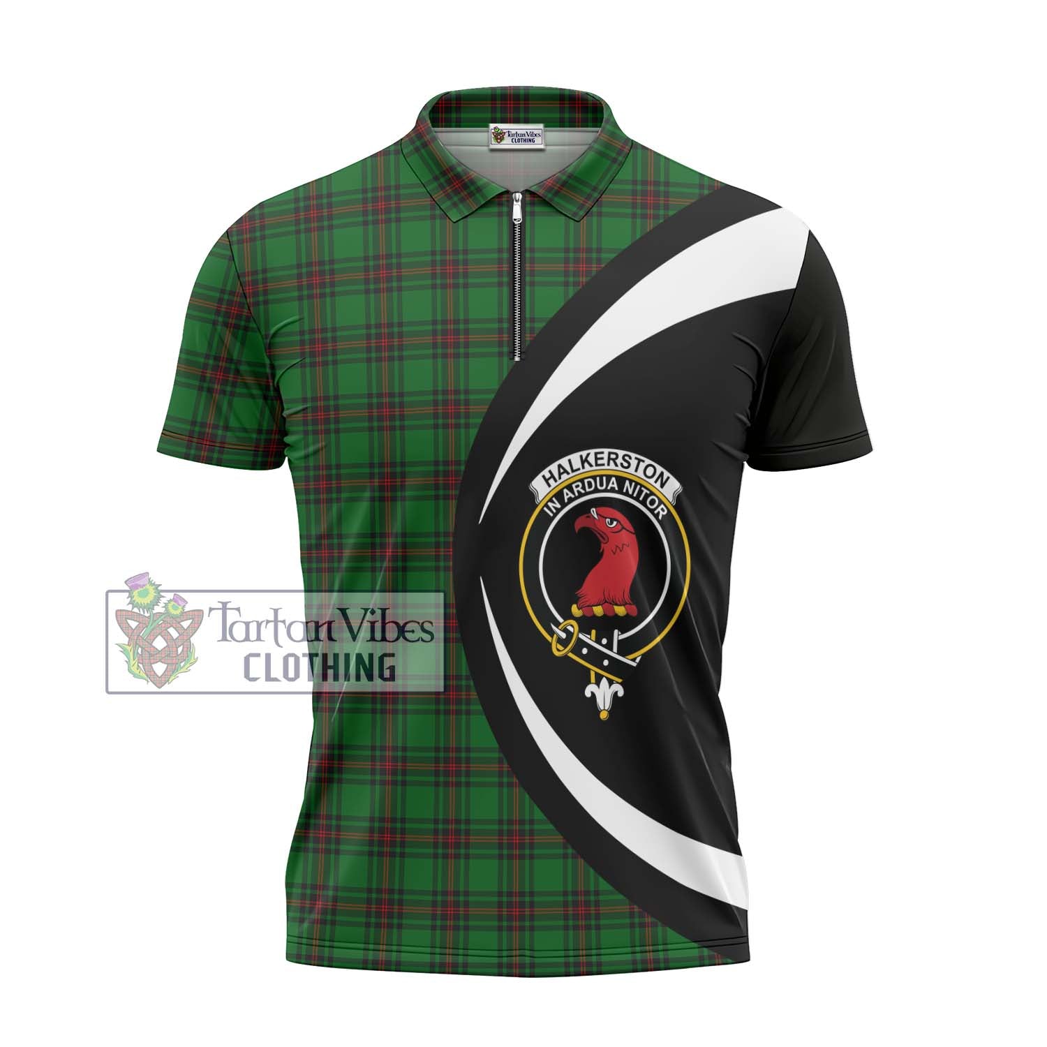 Tartan Vibes Clothing Halkerston Tartan Zipper Polo Shirt with Family Crest Circle Style