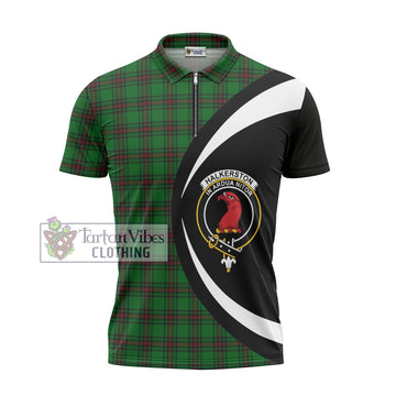 Halkerston Tartan Zipper Polo Shirt with Family Crest Circle Style