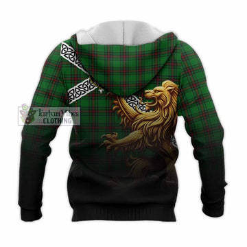 Halkerston Crest Tartan Knitted Hoodie with Golden Lion Emblem Celtic Style - Tartan Vibes Clothing