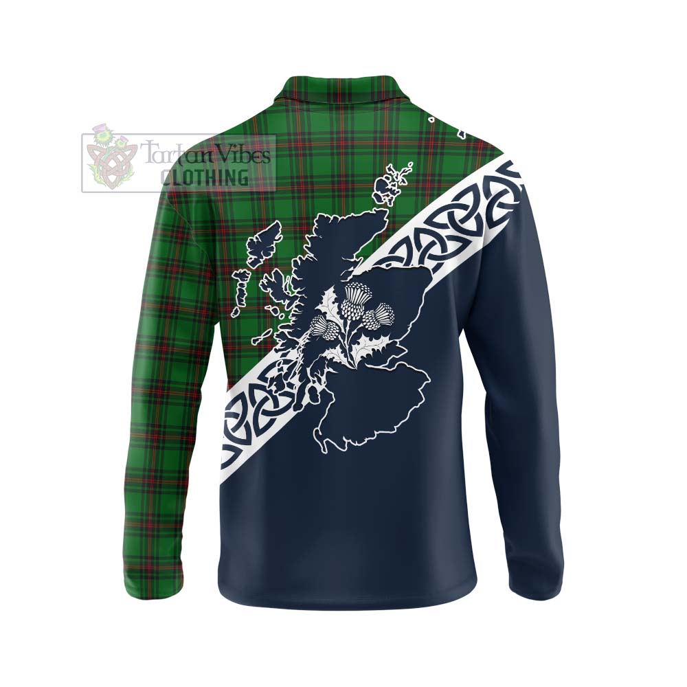 Halkerston Tartan Long Sleeve Polo Shirt Featuring Thistle and Scotland Map - Tartan Vibes Clothing