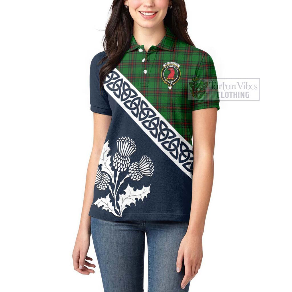 Halkerston Tartan Women's Polo Shirt Featuring Thistle and Scotland Map - Tartanvibesclothing Store