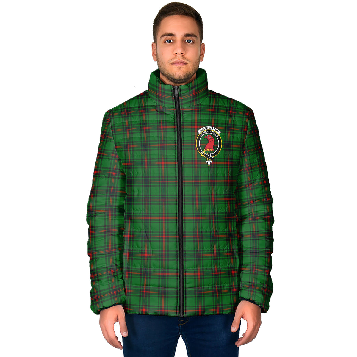 Halkerston Tartan Padded Jacket with Family Crest - Tartan Vibes Clothing