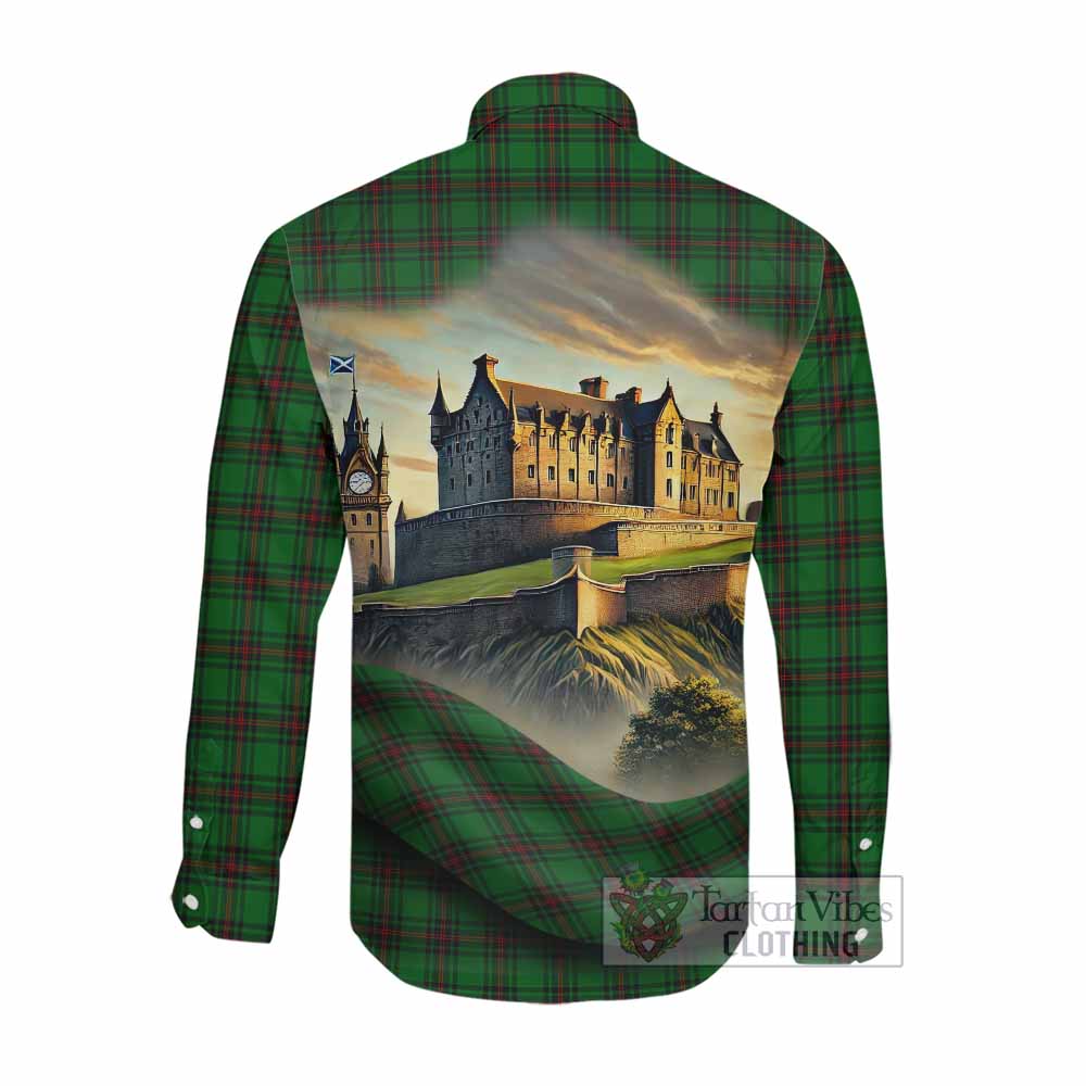Halkerston Tartan Family Crest Long Sleeve Button Shirt with Scottish Ancient Castle Style Men's Shirt - Tartan Vibes Clothing