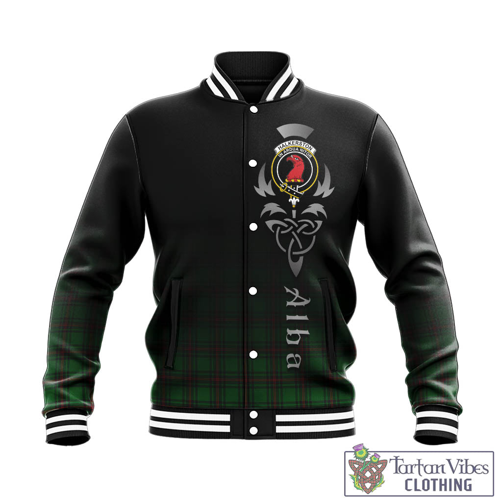 Tartan Vibes Clothing Halkerston Tartan Baseball Jacket Featuring Alba Gu Brath Family Crest Celtic Inspired