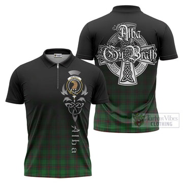 Halkett Tartan Zipper Polo Shirt Featuring Alba Gu Brath Family Crest Celtic Inspired