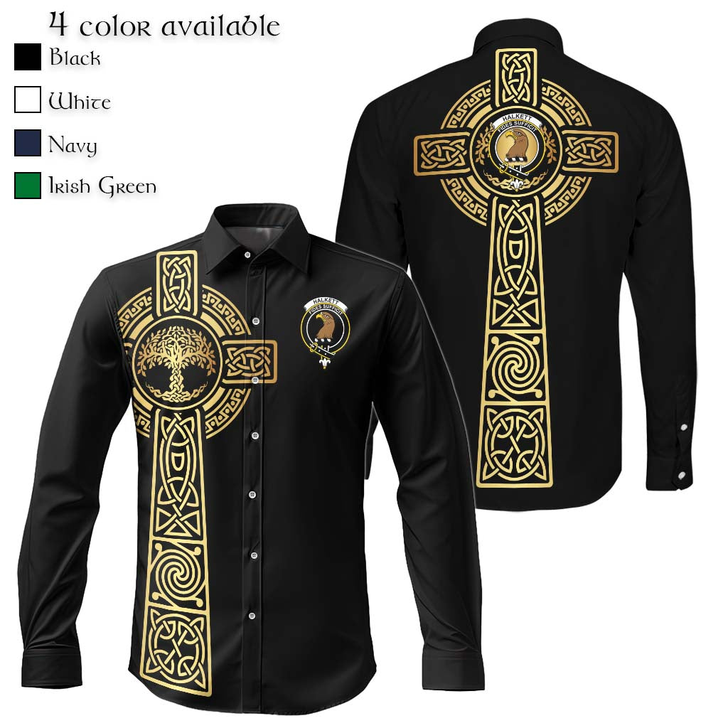 Halkett Clan Mens Long Sleeve Button Up Shirt with Golden Celtic Tree Of Life Men's Shirt Black - Tartanvibesclothing