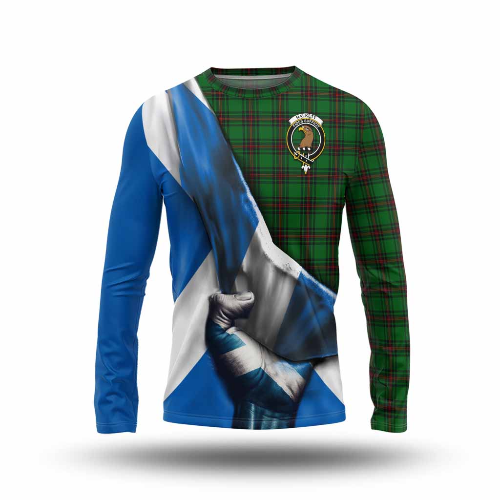 Tartan Vibes Clothing Halkett Tartan Long Sleeve T-Shirt with Family Crest Scotland Patriotic Style