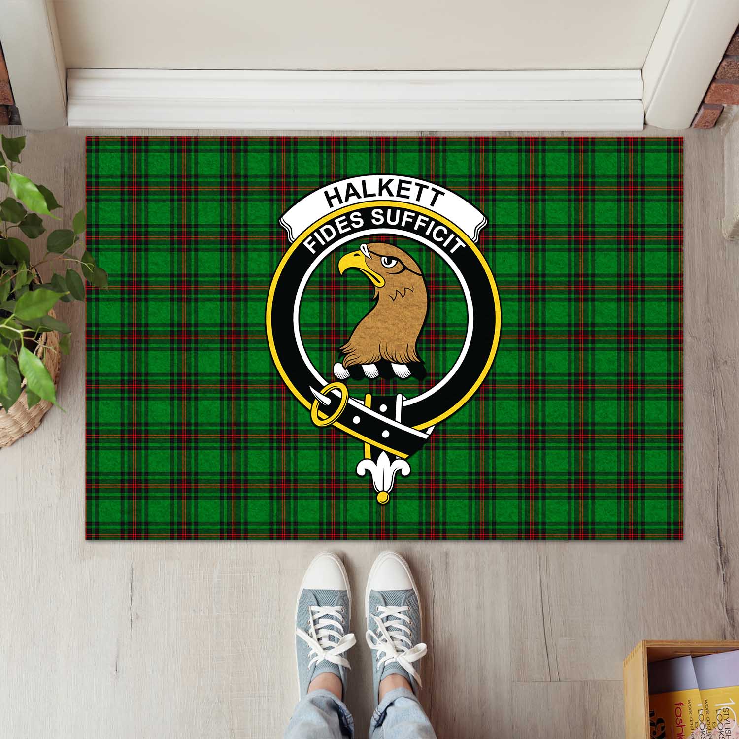 Halkett Tartan Door Mat with Family Crest - Tartanvibesclothing