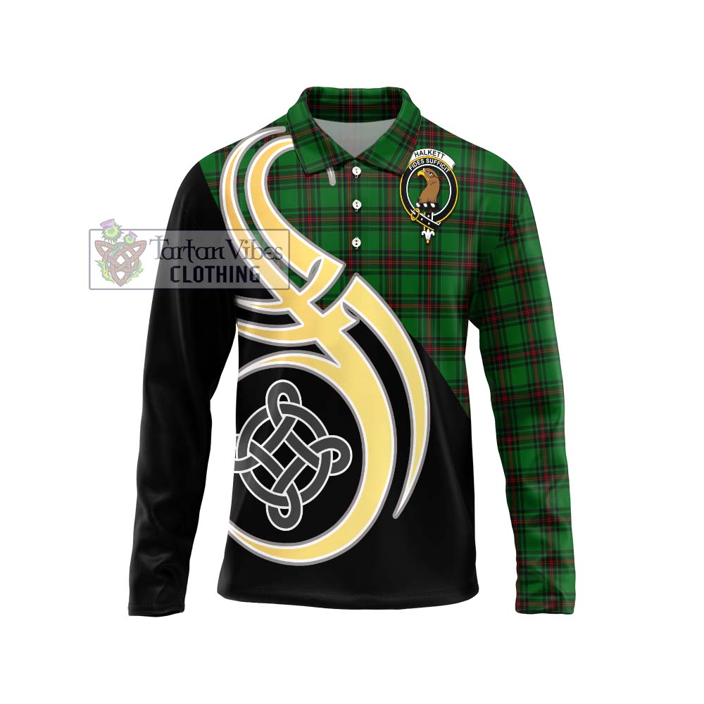 Halkett Tartan Long Sleeve Polo Shirt with Family Crest and Celtic Symbol Style Unisex - Tartan Vibes Clothing