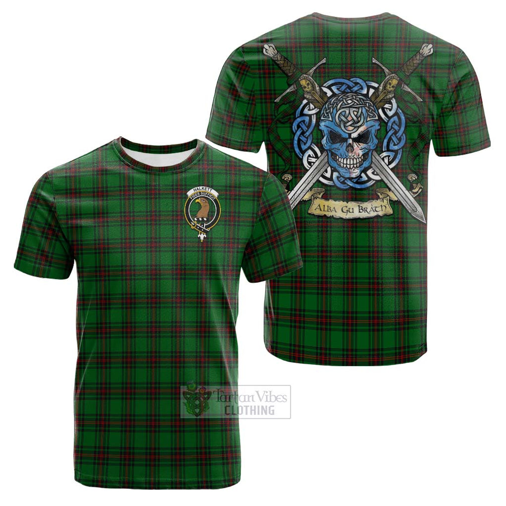 Tartan Vibes Clothing Halkett Tartan Cotton T-shirt with Family Crest Celtic Skull Style